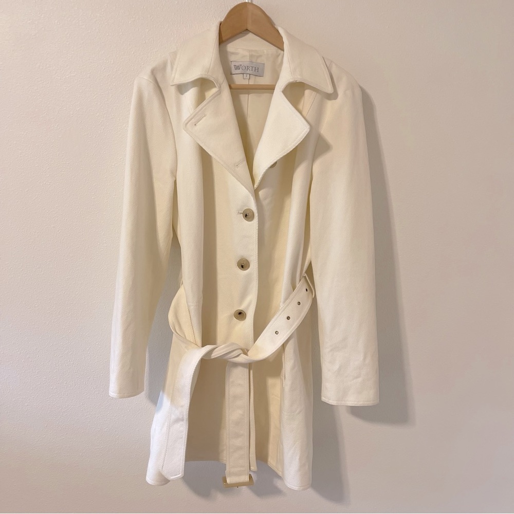 Worth Ivory Classic Belted Mid Length Trench Coat Minimalist Lucite Buckle-12